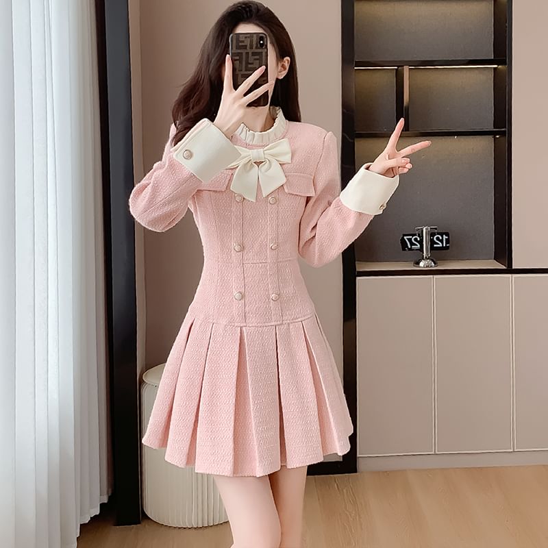 Long Sleeve Stand Collar Bowknot Tweed Mini Pleated A-Line Dress