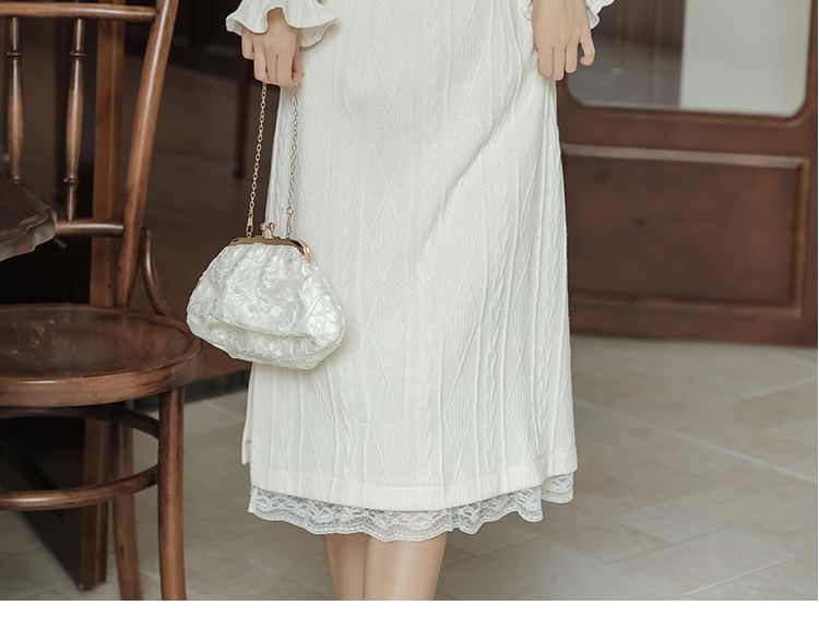 Long Sleeve Collared Embroidered Lace Trim Sheath Midi Dress