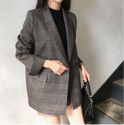 Lapel Collar Plaid Double