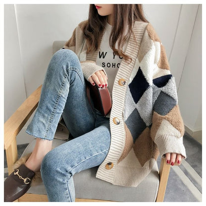 Oversized Argyle V-Neck Cardigan in 5 Colors