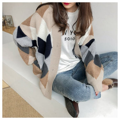 Oversized Argyle V-Neck Cardigan in 5 Colors