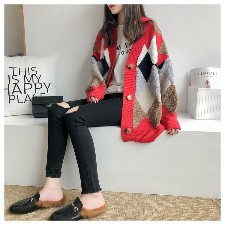 Oversized Argyle V-Neck Cardigan in 5 Colors