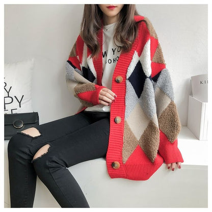 Oversized Argyle V-Neck Cardigan in 5 Colors