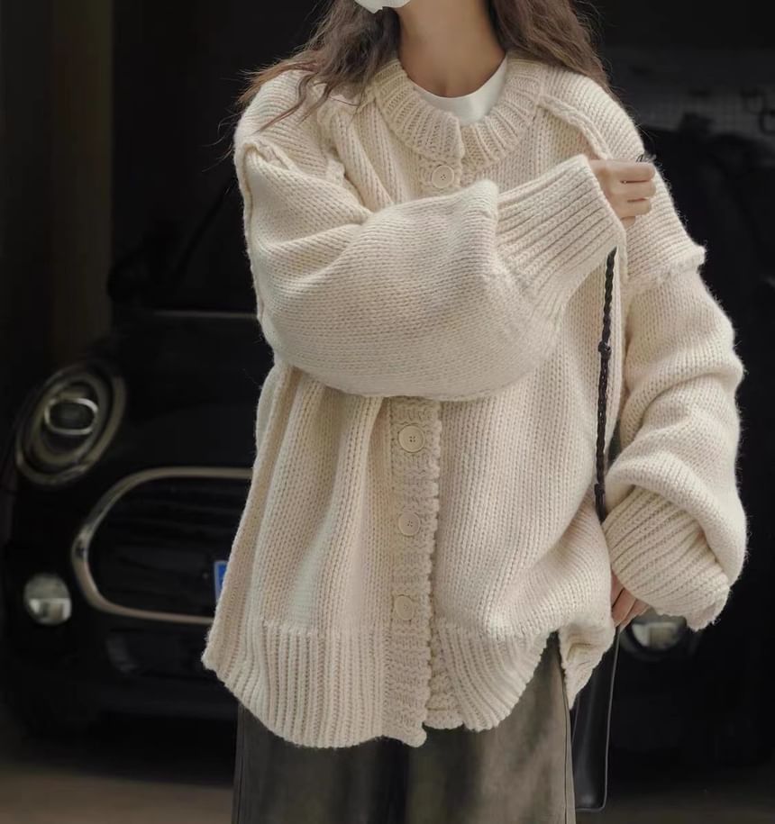 Oversized Stitched Round-Neck Cardigan