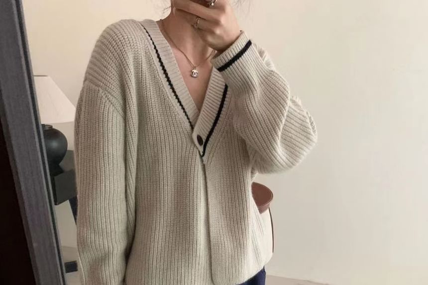 Asymmetrical One-Button V-Neck Knit Top