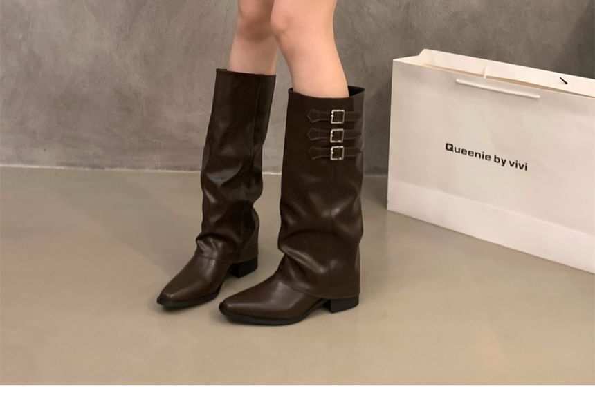 Block Heel Adjustable Buckled Tall Boots