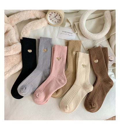 Bear Embroidered Ribbed Short Socks Set