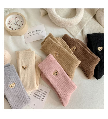 Bear Embroidered Ribbed Short Socks Set