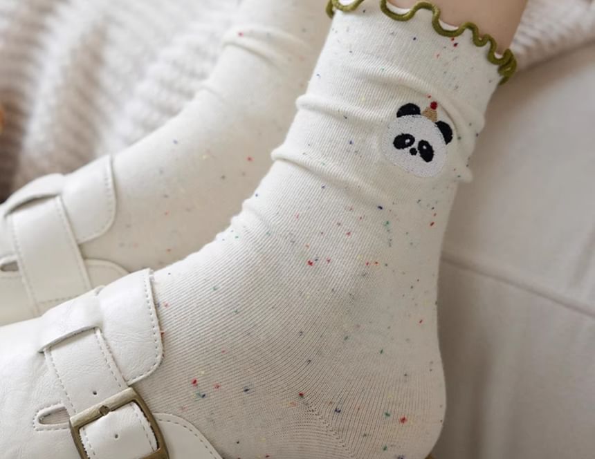 Animal Embroidered Melange Frill Short Socks Set