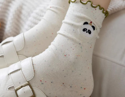 Animal Embroidered Melange Frill Short Socks Set