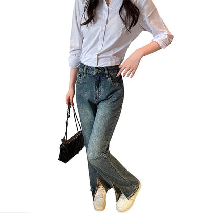 Jean évasé taille haute avec ourlet fendu