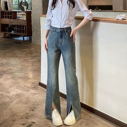 Jean évasé taille haute avec ourlet fendu