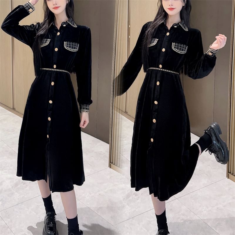 Long Sleeve Collared Plaid Button Panel Velvet Midi A-Line Dress