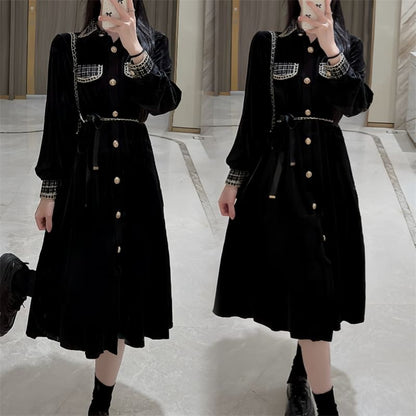 Long Sleeve Collared Plaid Button Panel Velvet Midi A-Line Dress