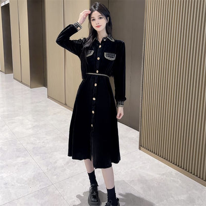 Long Sleeve Collared Plaid Button Panel Velvet Midi A-Line Dress