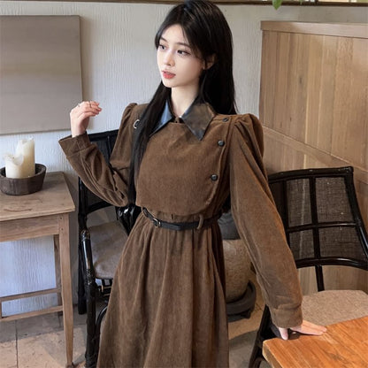 Long Sleeve Contrast Collar Mock Two Piece Corduroy Midi A-Line Dress