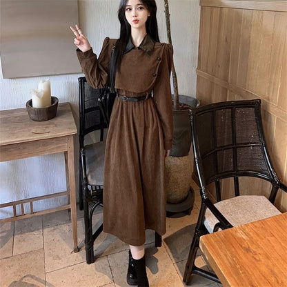 Long Sleeve Contrast Collar Mock Two Piece Corduroy Midi A-Line Dress