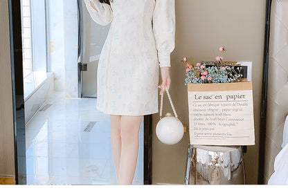 Traditional Chinese Long-Sleeve Stand Collar Butterfly Print Faux Pearl Accent Frog Buttoned Mini Sheath Qipao