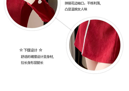 Robe trapèze courte en velours côtelé à manches longues et col montant avec bordure contrastante