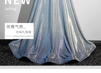 Short-Sleeve Glossy A-Line Evening Gown