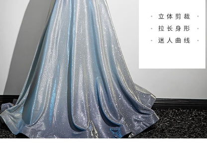 Short-Sleeve Glossy A-Line Evening Gown