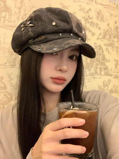 Applique Cap Newsboy Star Denim Studded