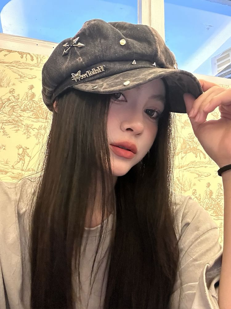 Applique Cap Newsboy Star Denim Studded