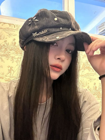 Applique Cap Newsboy Star Denim Studded