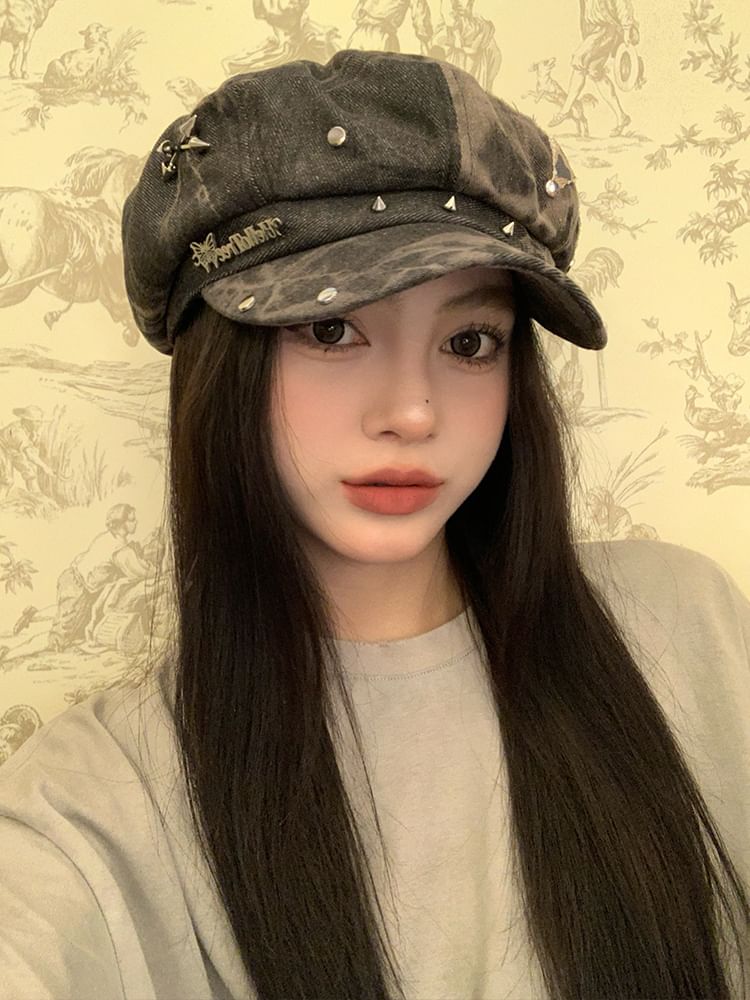 Applique Cap Newsboy Star Denim Studded