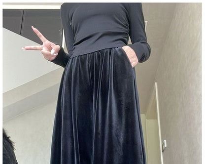 Velvet High Waist Elastic Waist Drape Wide Leg Pants