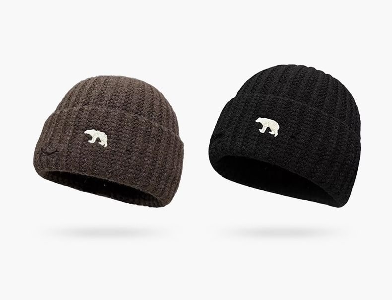 Bear Embroidered Knit Beanie