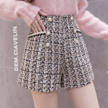 High Waist Plaid Faux Pearl Shorts