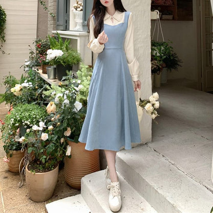 Midi Two A-Line Two-Piece Tone Dress Long-Sleeve Mock