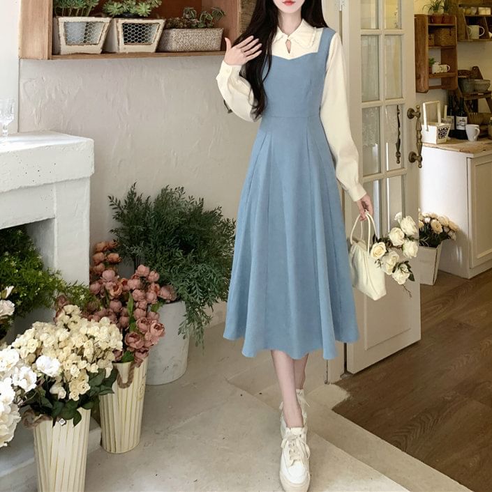 Midi Two A-Line Two-Piece Tone Dress Long-Sleeve Mock