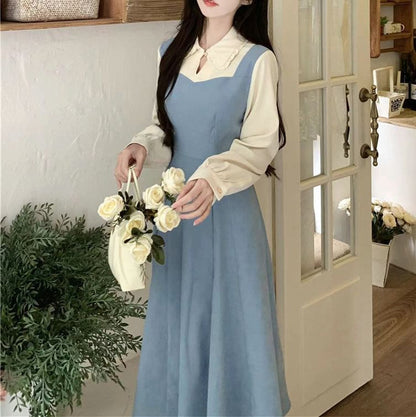 Midi Two A-Line Two-Piece Tone Dress Long-Sleeve Mock