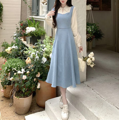 Midi Two A-Line Two-Piece Tone Dress Long-Sleeve Mock