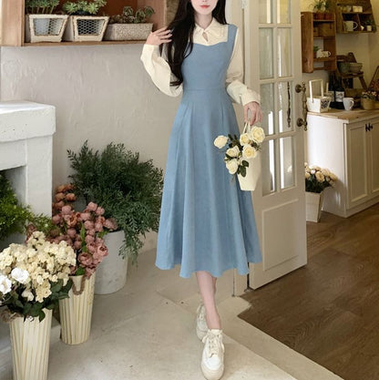 Midi Two A-Line Two-Piece Tone Dress Long-Sleeve Mock