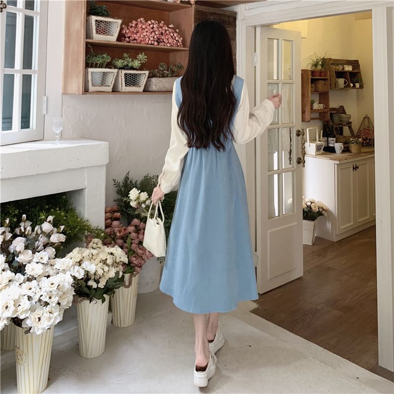 Midi Two A-Line Two-Piece Tone Dress Long-Sleeve Mock