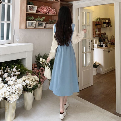 Midi Two A-Line Two-Piece Tone Dress Long-Sleeve Mock