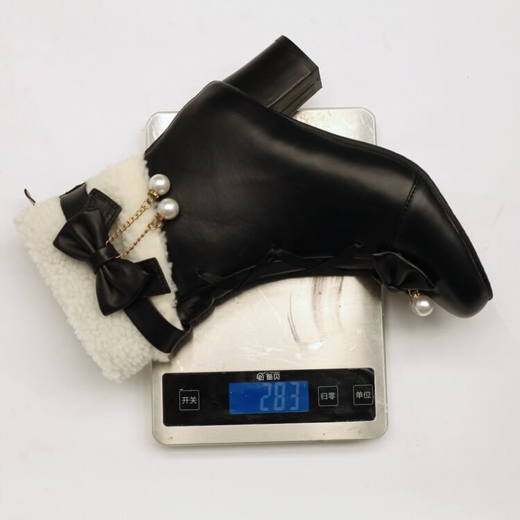 Panel Chunky Short Boots Heel Fleece Bow