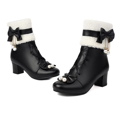 Panel Chunky Short Boots Heel Fleece Bow