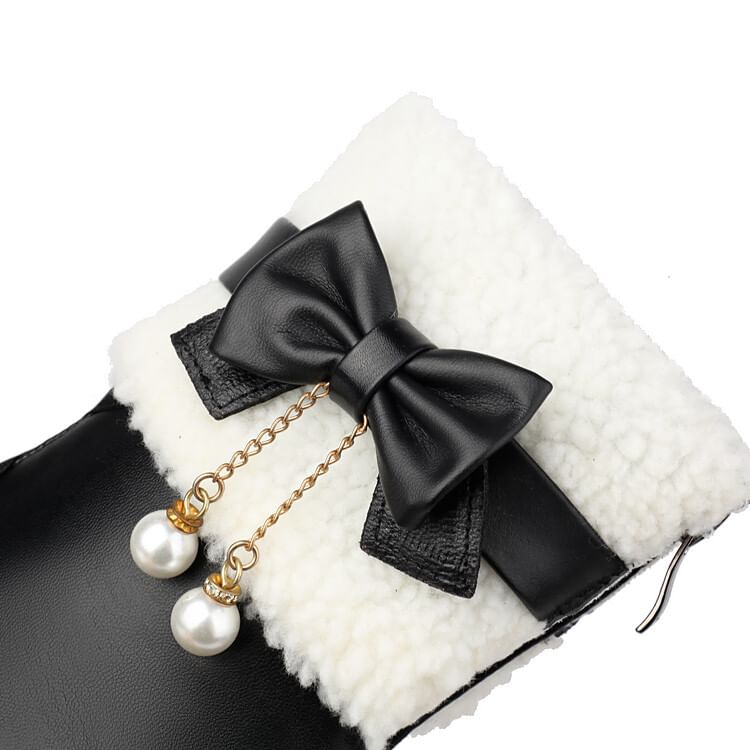 Panel Chunky Short Boots Heel Fleece Bow