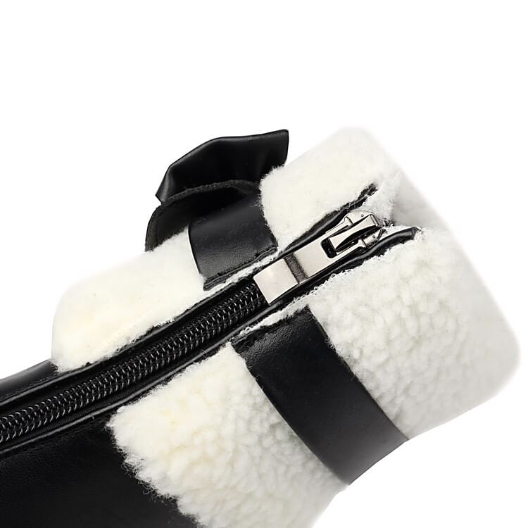 Panel Chunky Short Boots Heel Fleece Bow