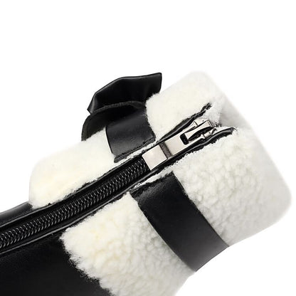 Panel Chunky Short Boots Heel Fleece Bow