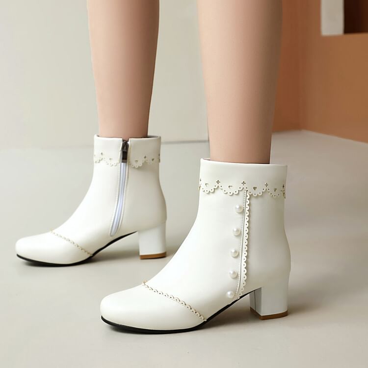 Short Faux Pearl Heel Chunky Boots