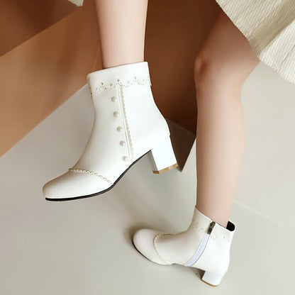 Short Faux Pearl Heel Chunky Boots