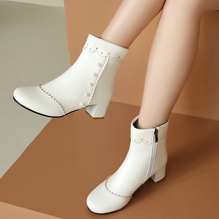 Short Faux Pearl Heel Chunky Boots
