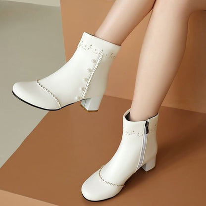 Short Faux Pearl Heel Chunky Boots