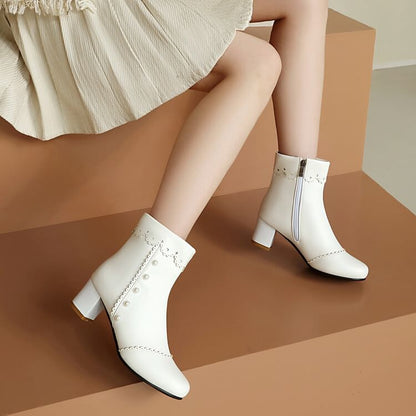 Short Faux Pearl Heel Chunky Boots