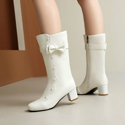 Boots Chunky Pearl Mid-Calf Heel Faux